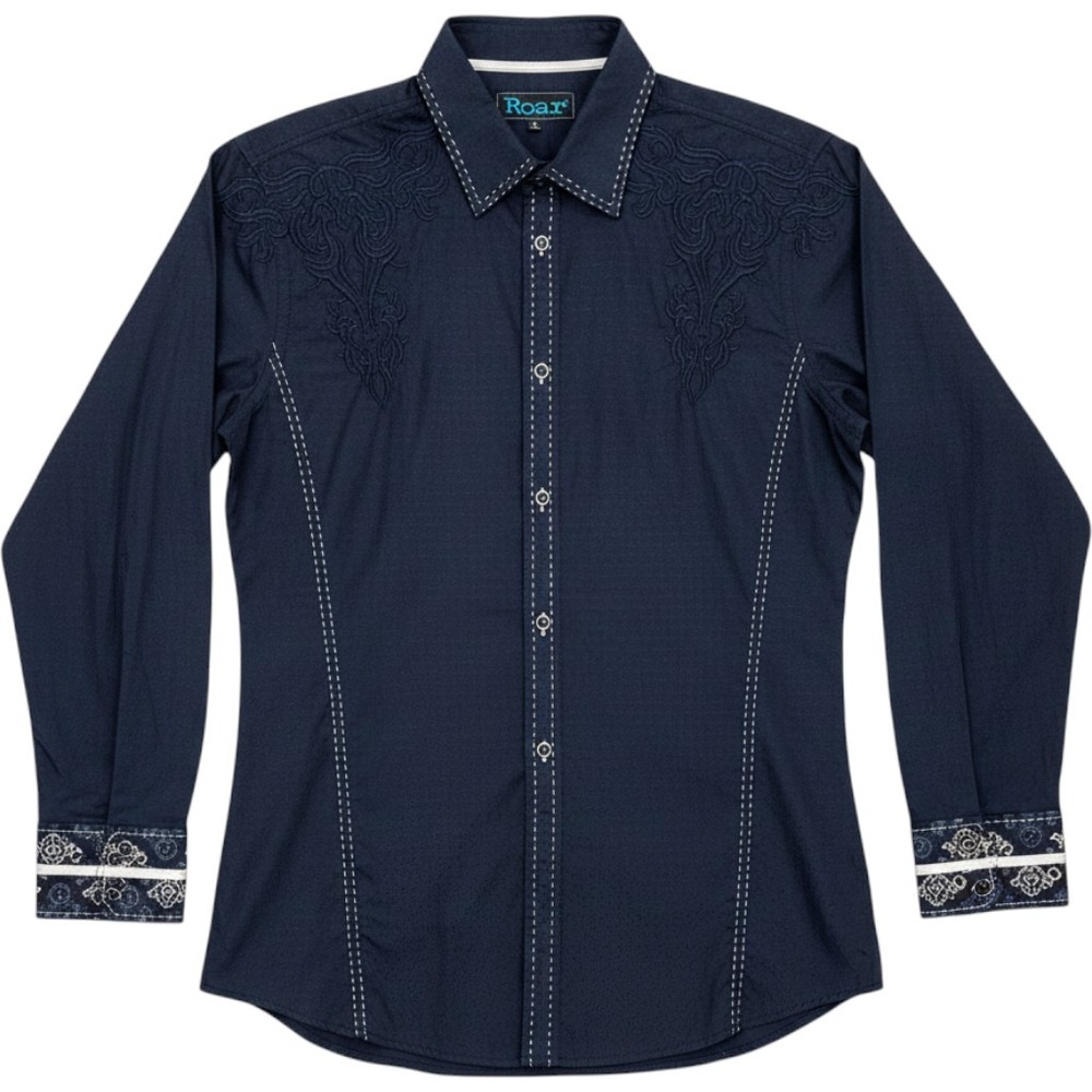 Roar Signature Vitality II Shirt Mens L Navy Blue Diamond Embroidered Slim Y2K